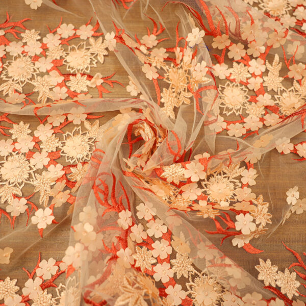 Scampolo Tessuto tulle ricamato beige corallo