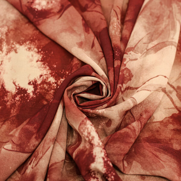 Tessuto Chiffon a fantasia motivo astratto bordeaux - panna