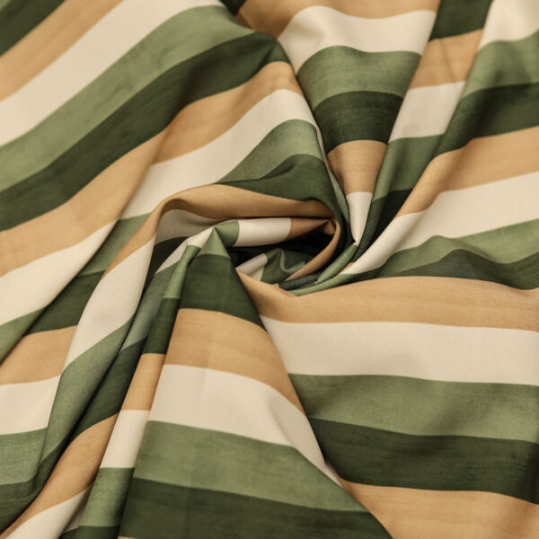 Tessuto Crepe elasticizzato a fantasia motivo rigato verde militare - panna - beige