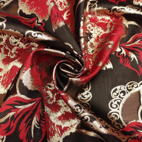 scampolo Tessuto Organza jacquard floreale rosso nero oro