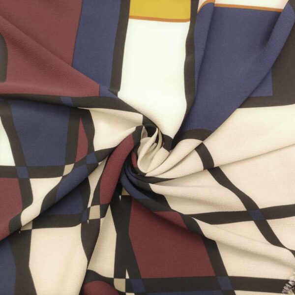 Tessuto Crepe elasticizzato a fantasia motivo astratto nero bianco blu navy beige