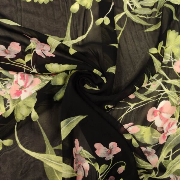 Scampolo Tessuto Georgette motivo floreale verde rosa nero