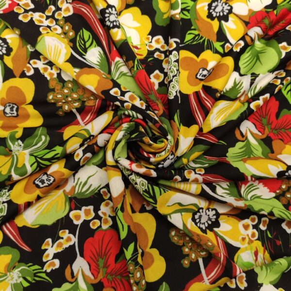 Tessuto Jersey a fantasia motivo floreale nero giallo rosso verde