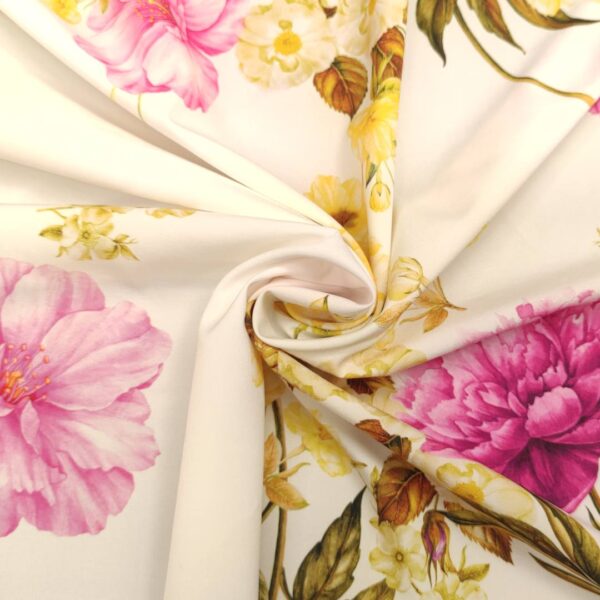 Tessuto Misto Viscosa a fantasia motivo floreale bianco fucsia giallo
