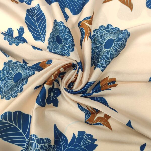 Scampolo Tessuto Satin a Fantasia motivo floreale avorio blu navy tabacco