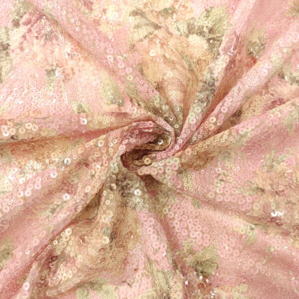Scampolo Tessuto tulle ricamato con paillettes motivo floreale rosa verde salvia oro