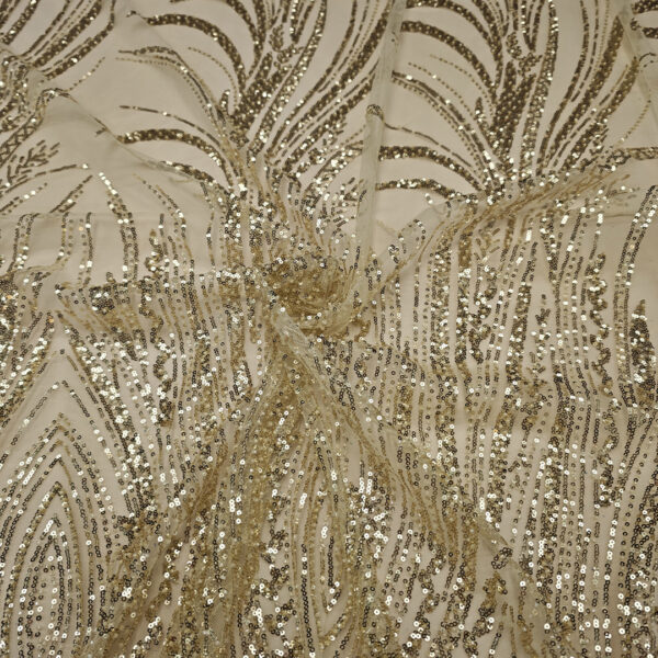 Tessuto Tulle mano seta ricamato con paillettes e con perline motivo astratto oro