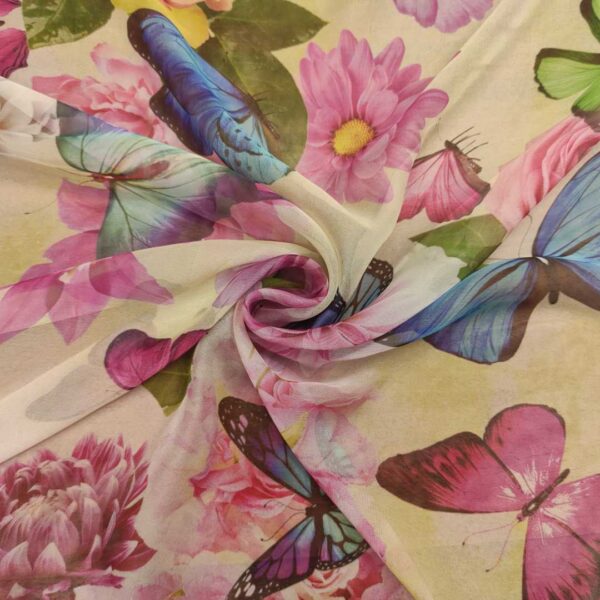 Tessuto Chiffon a fantasia motivo floreale giallino rosa azzurro