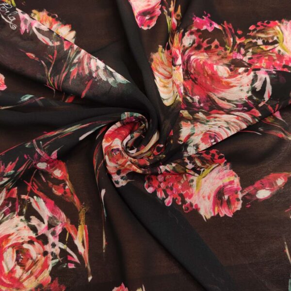 Tessuto Georgette a fantasia motivo floreale nero rosso rosa