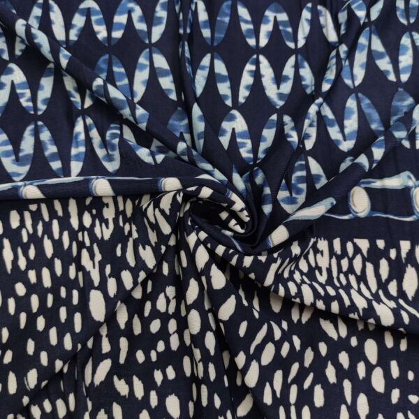 Tessuto Jersey di viscosa a fantasia motivo astratto blu notte blu navy bianco