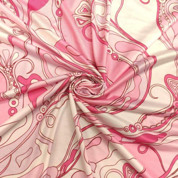 Tessuto Jersey di viscosa a fantasia motivo astratto rosa fucsia bianco