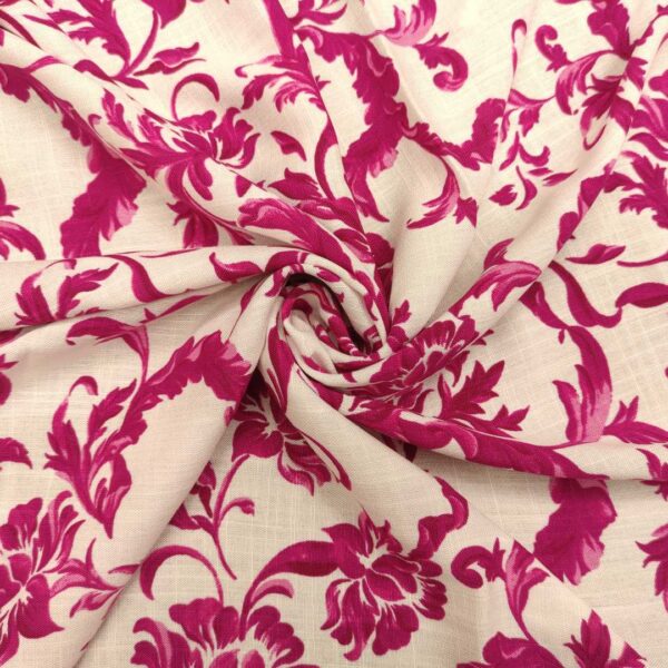 Tessuto Misto Lino a fantasia motivo floreale bianco fucsia