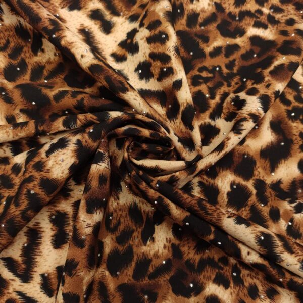 Tessuto Misto Viscosa con punti luce  fantasia motivo animalier nero marrone beige